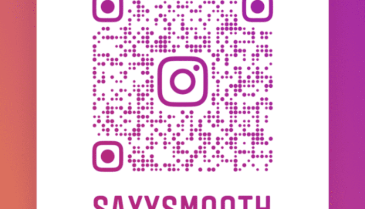 A square sticker with the word saxysmooth written underneath it.